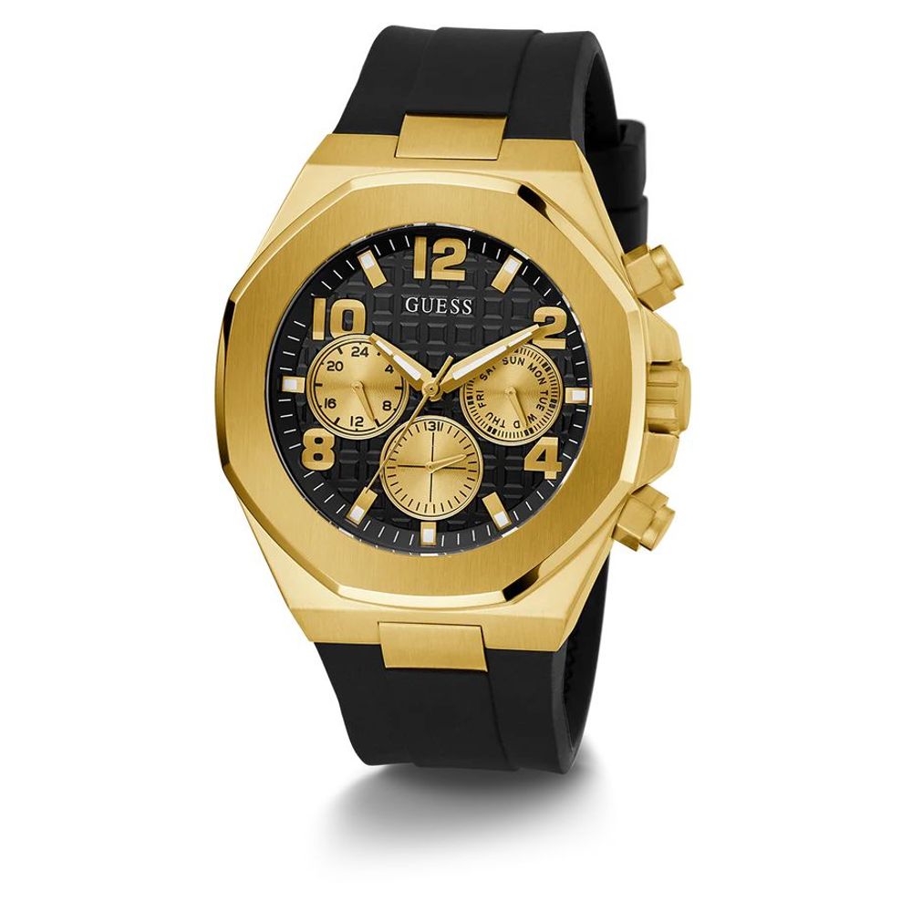 Guess Empire Herren-Armbanduhr 46 mm – Goldfarbenes Edelstahlgehäuse, Schwarzes Silikonarmband.