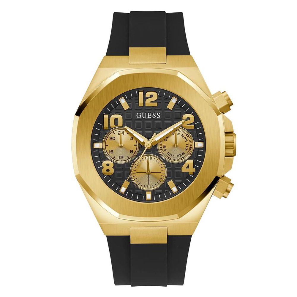 Guess Empire Herren-Armbanduhr 46 mm – Goldfarbenes Edelstahlgehäuse, Schwarzes Silikonarmband.