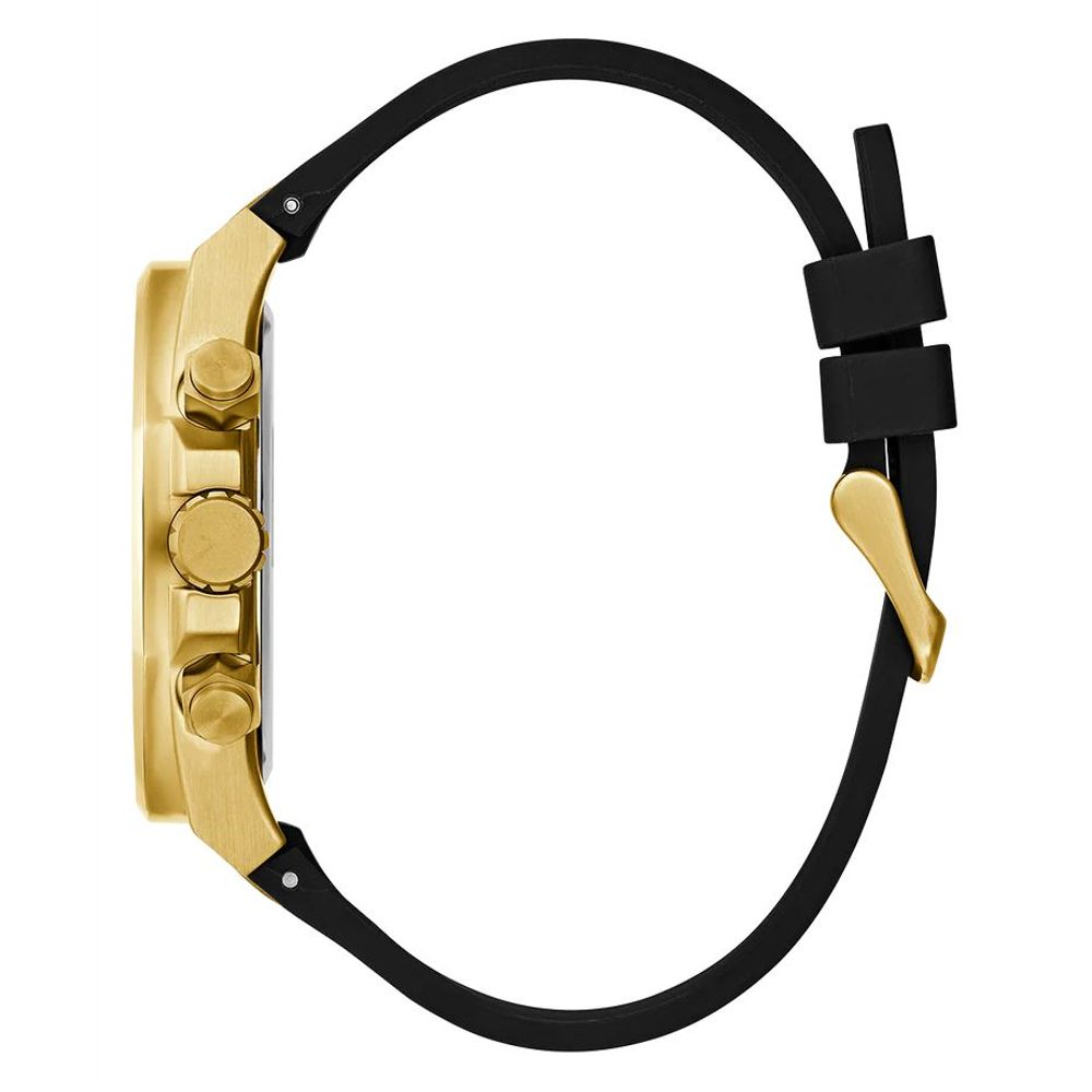 Guess Empire Herren-Armbanduhr 46 mm – Goldfarbenes Edelstahlgehäuse, Schwarzes Silikonarmband.