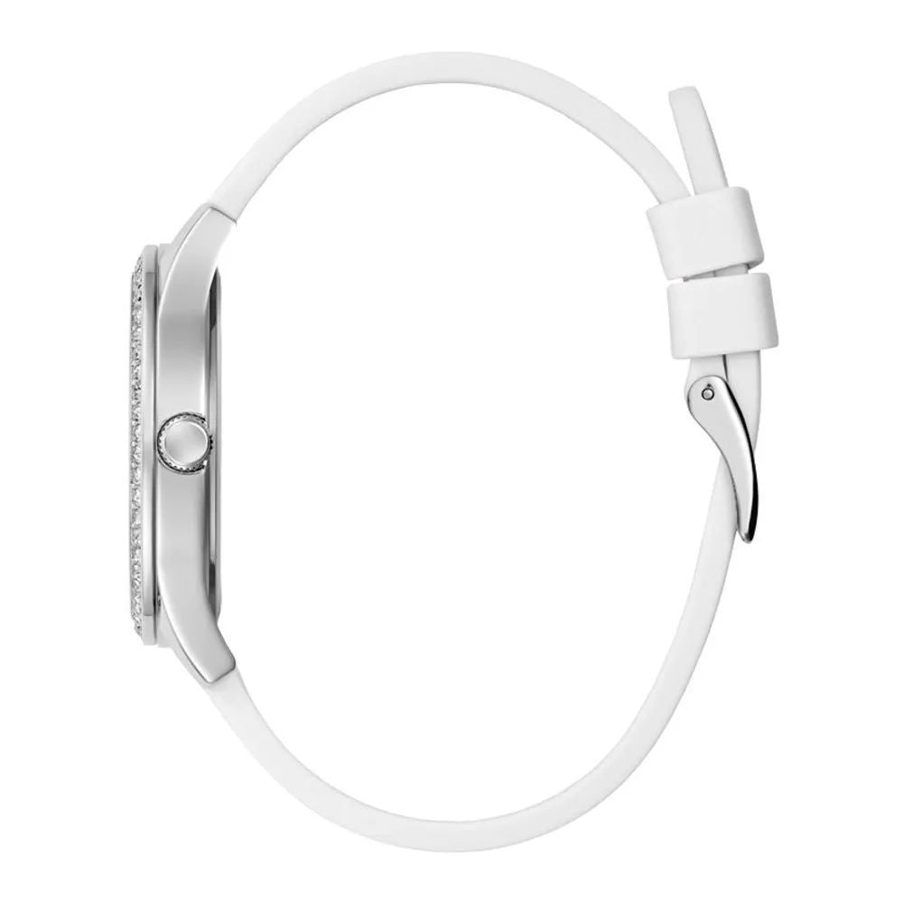 Guess Damen-Armbanduhr mit weißem Synthetikarmband – Elegante Dresswatch.
