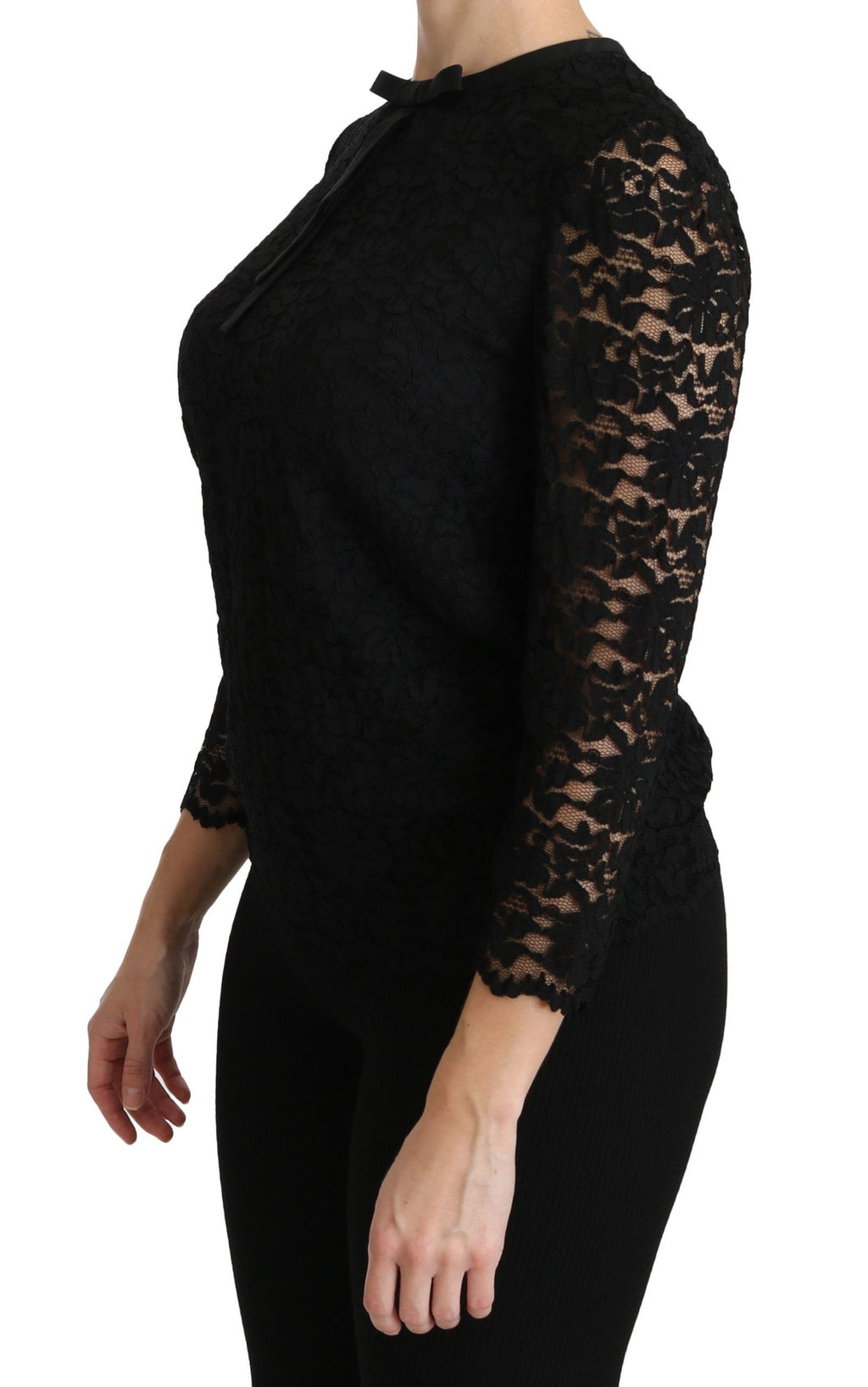 Dolce & Gabbana Schwarze langärmelige Nylonbluse mit Spitze