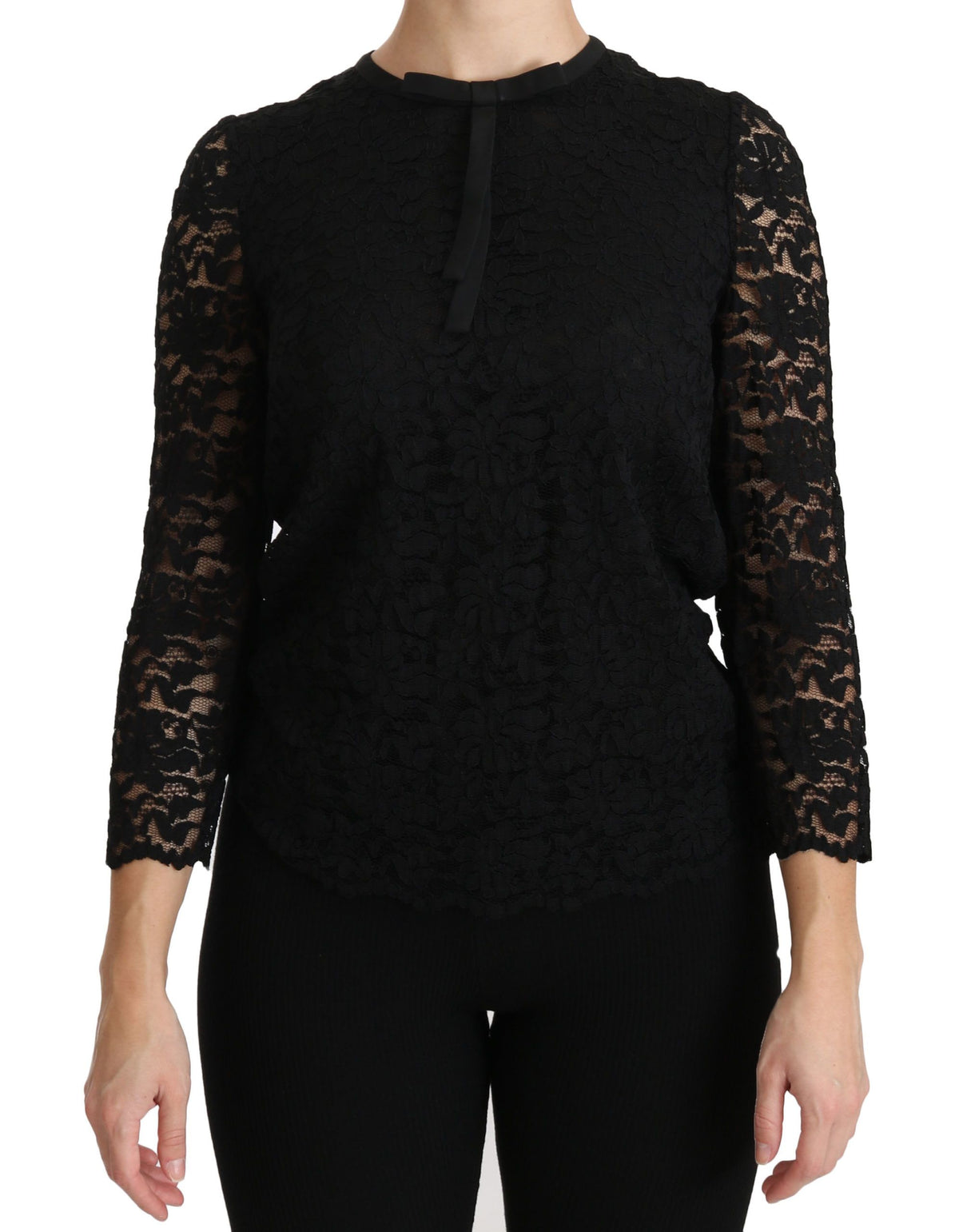 Dolce & Gabbana Schwarze langärmelige Nylonbluse mit Spitze