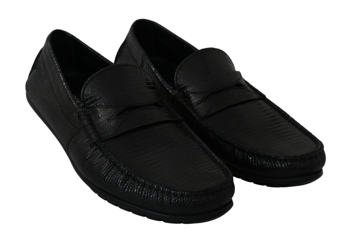 Dolce & Gabbana Schwarzes Eidechsenleder Flache Loafers Schuhe