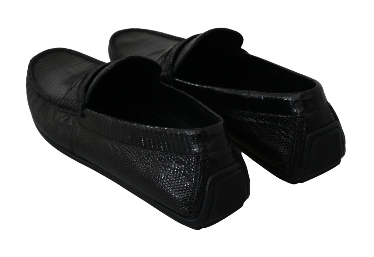 Dolce & Gabbana Schwarzes Eidechsenleder Flache Loafers Schuhe