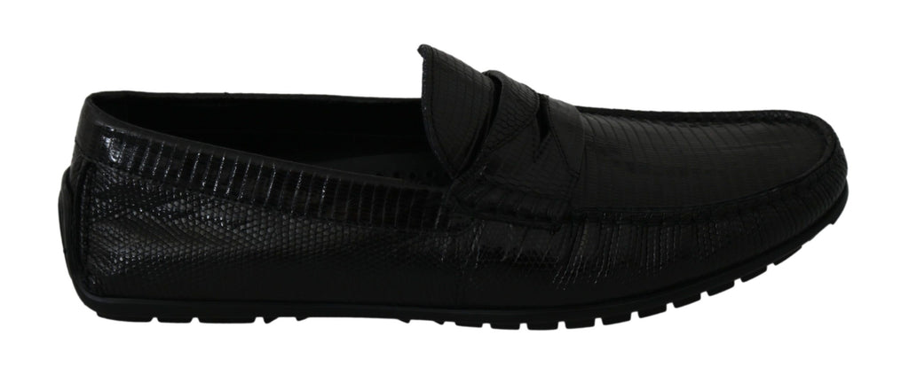 Dolce & Gabbana Schwarzes Eidechsenleder Flache Loafers Schuhe
