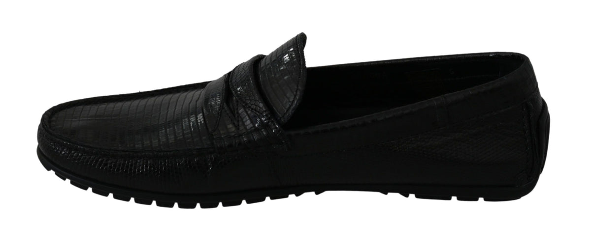 Dolce & Gabbana Schwarzes Eidechsenleder Flache Loafers Schuhe