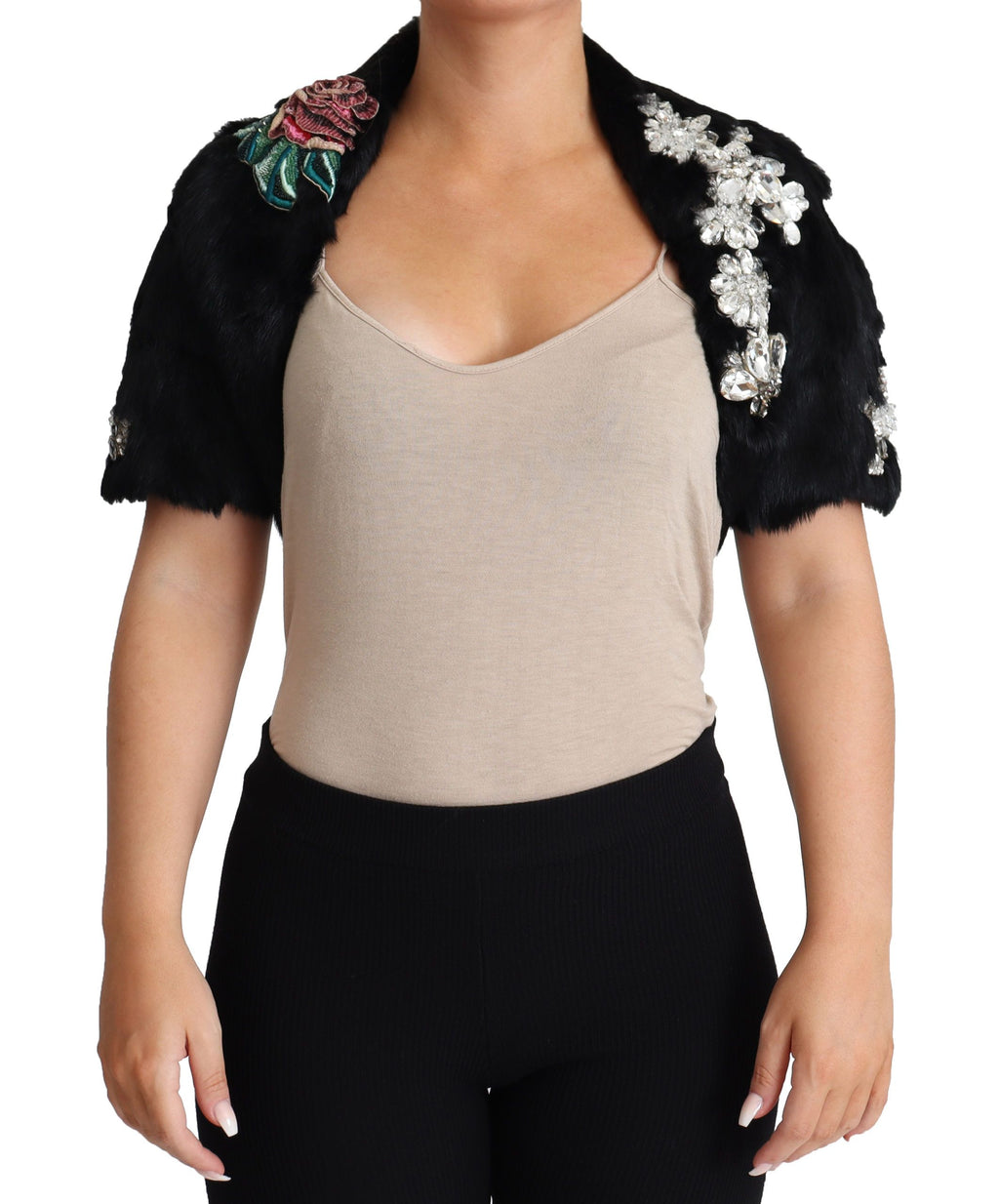 Dolce & Gabbana Schwarzer Kaninchenfell-Kristall-Pailletten-Mantel