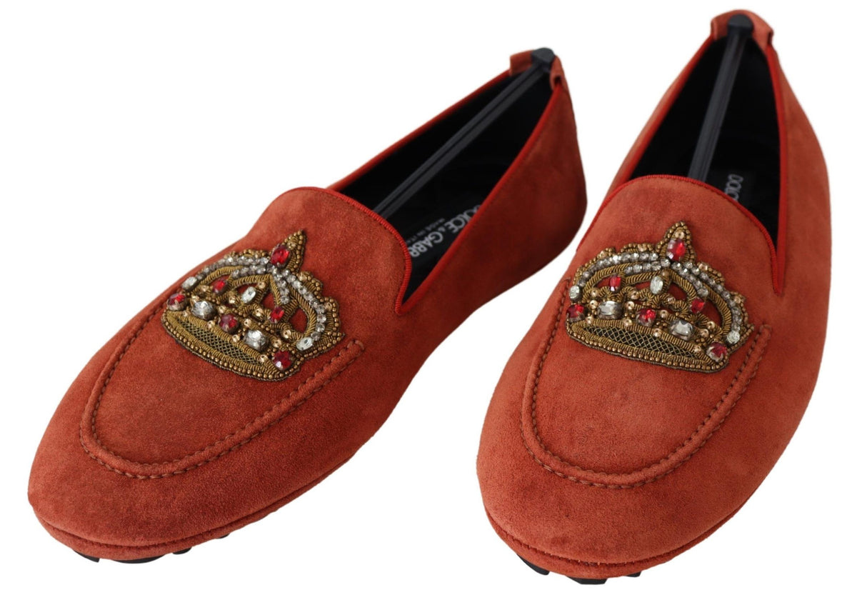 Dolce & Gabbana Orange Leder Crystal Crown Loafers Schuhe