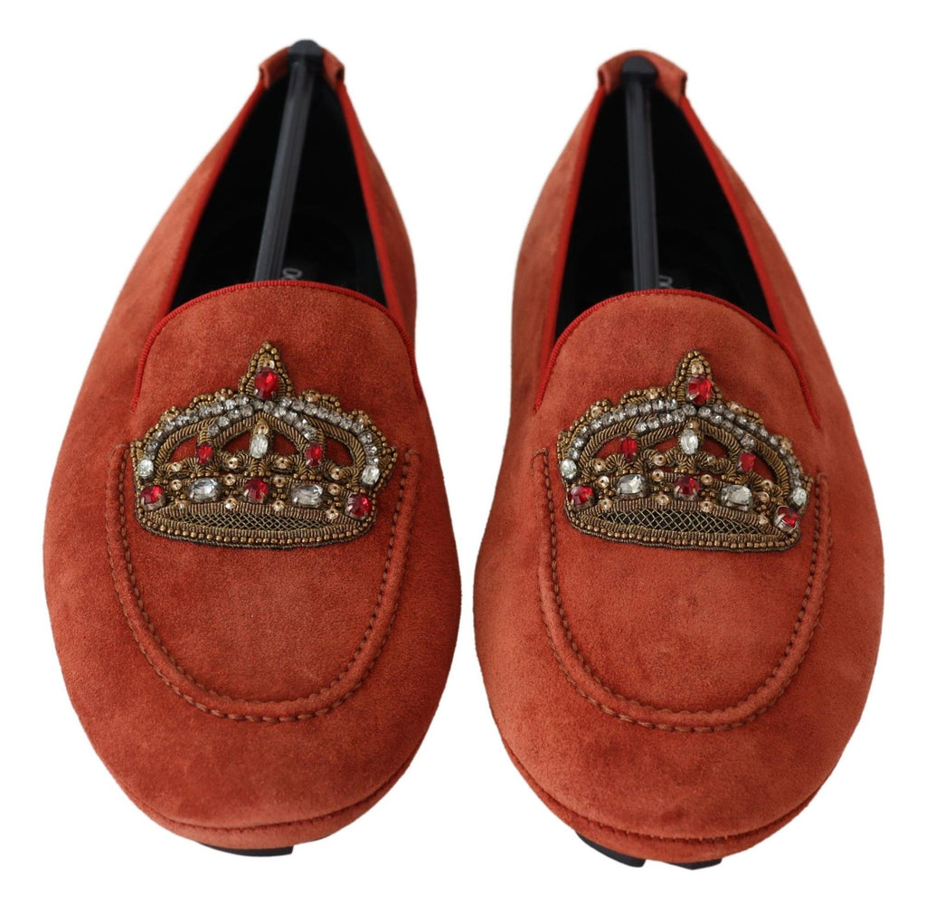 Dolce & Gabbana Orange Leder Crystal Crown Loafers Schuhe