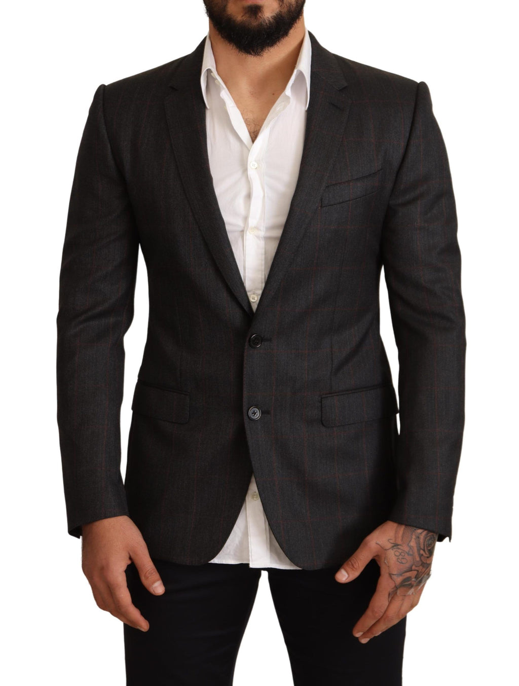 Dolce & Gabbana Graue karierte Wolljacke mit schmaler Passform Blazer
