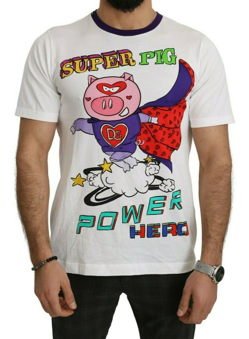 Dolce & Gabbana Weißes Baumwoll-Top Super Power Pig T-shirt