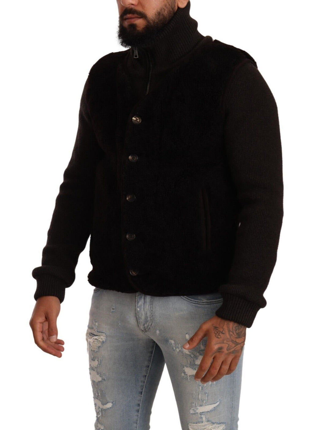 Dolce & Gabbana Schwarzes Leder Herren Turtle Neck Mantel Jacke