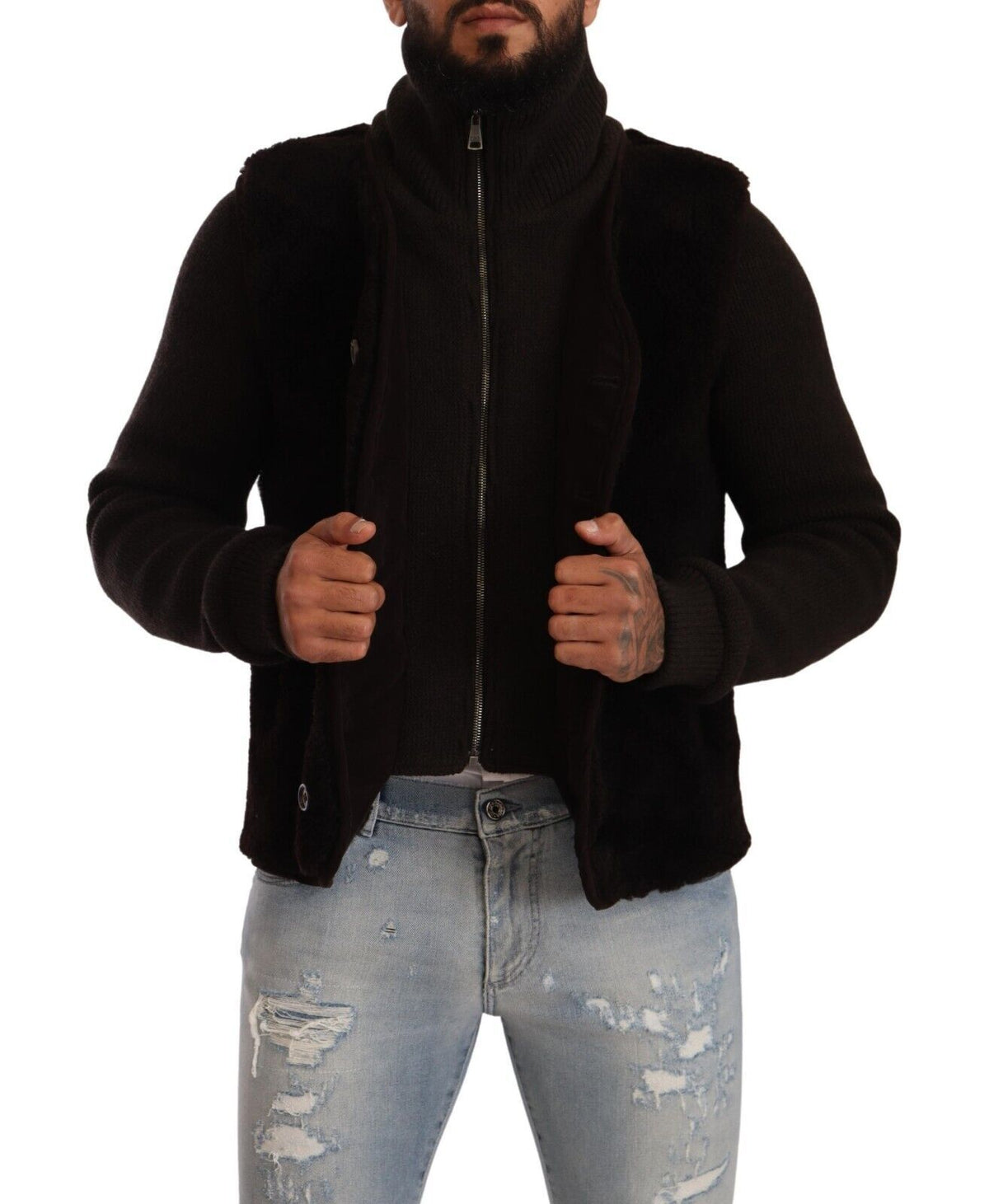 Dolce & Gabbana Schwarzes Leder Herren Turtle Neck Mantel Jacke