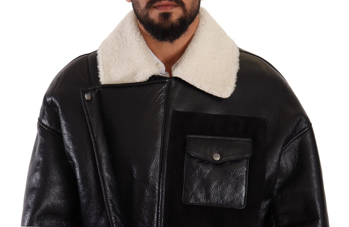 Dolce & Gabbana Schwarzer Leder Shearling Bikermantel Jacke
