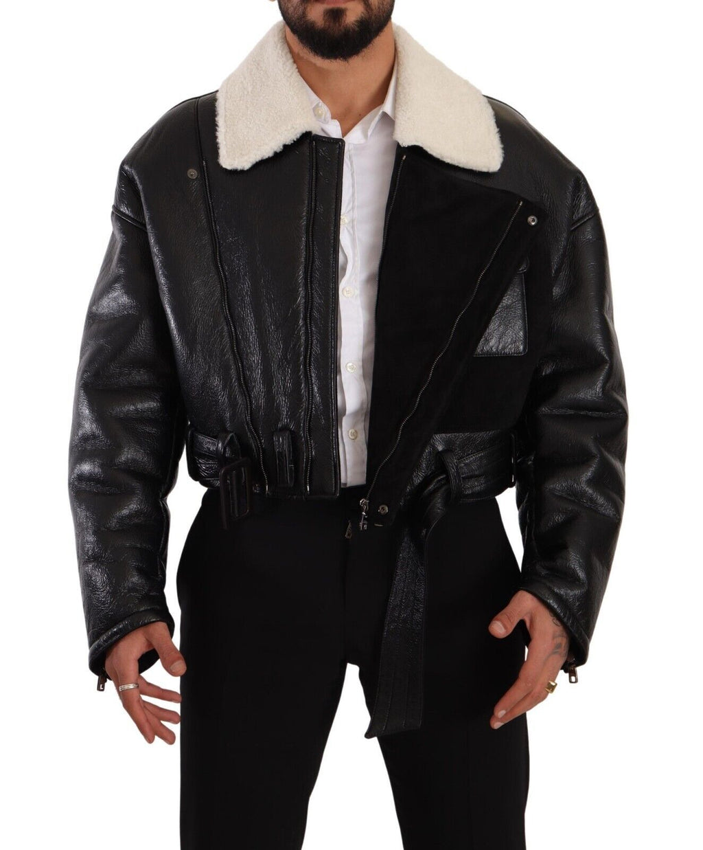 Dolce & Gabbana Schwarzer Leder Shearling Bikermantel Jacke