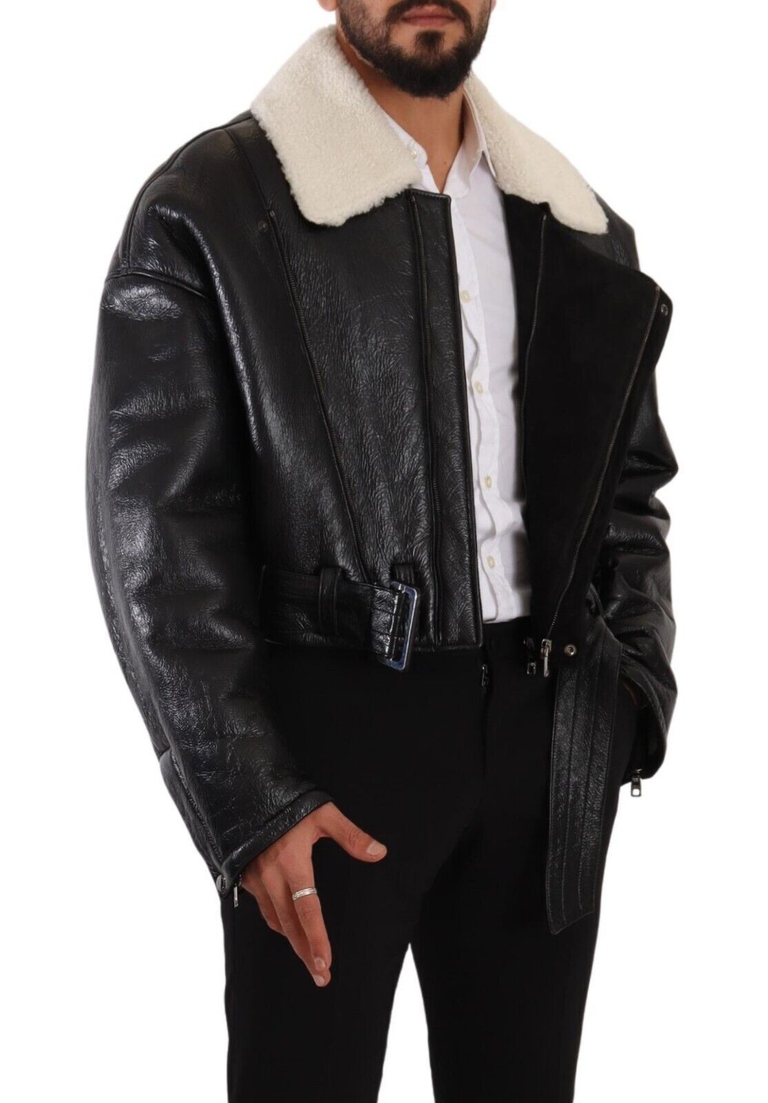 Dolce & Gabbana Schwarzer Leder Shearling Bikermantel Jacke