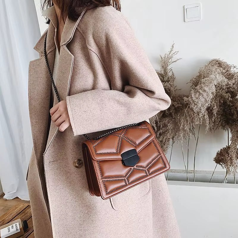Yogodlns Vintage Rivet Chain Small Shoulder Bags for Women Flap PU Leather Fashion Small Square Crossbody Bag Designer Handbag