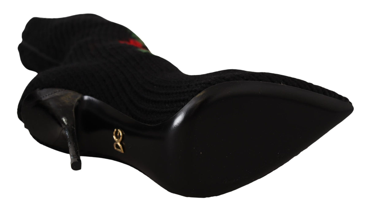 Dolce & Gabbana Schwarze Stretch-Socken Rote Rosen Booties Schuhe