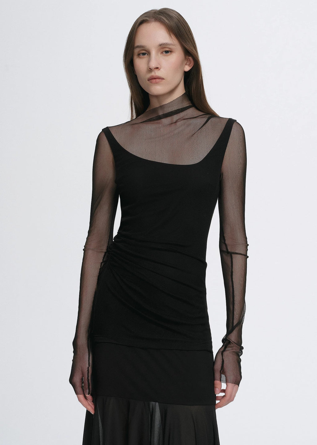 Double-layer transparent oblique collar pinched pleat half-high collar slim fit fake two-piece knitted T-shirt tops for women