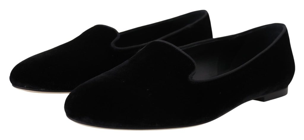 Dolce & Gabbana Schwarzer Samt Slip Ons Loafers Flats Schuhe