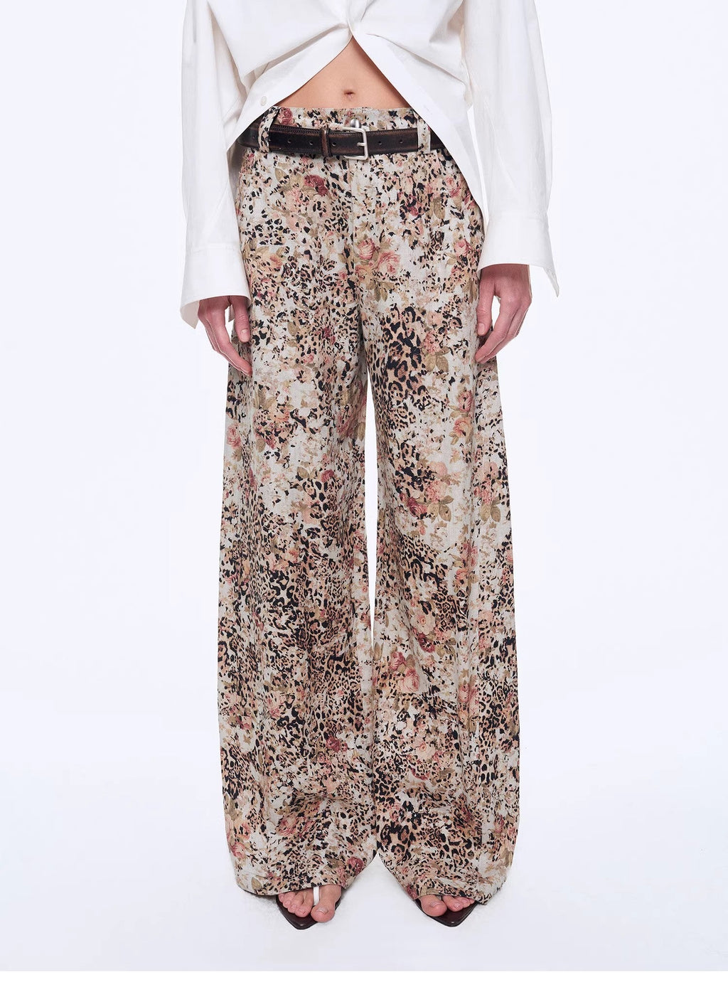 "Slow Paris" Vintage Print Linen Blend Cut Scimitar Wide Leg Casual Pants