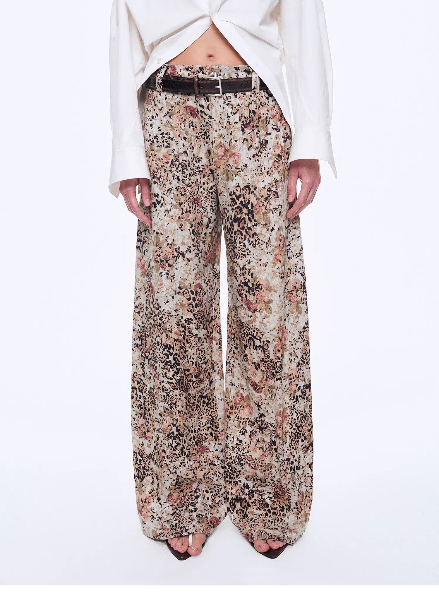 "Slow Paris" Vintage Print Linen Blend Cut Scimitar Wide Leg Casual Pants