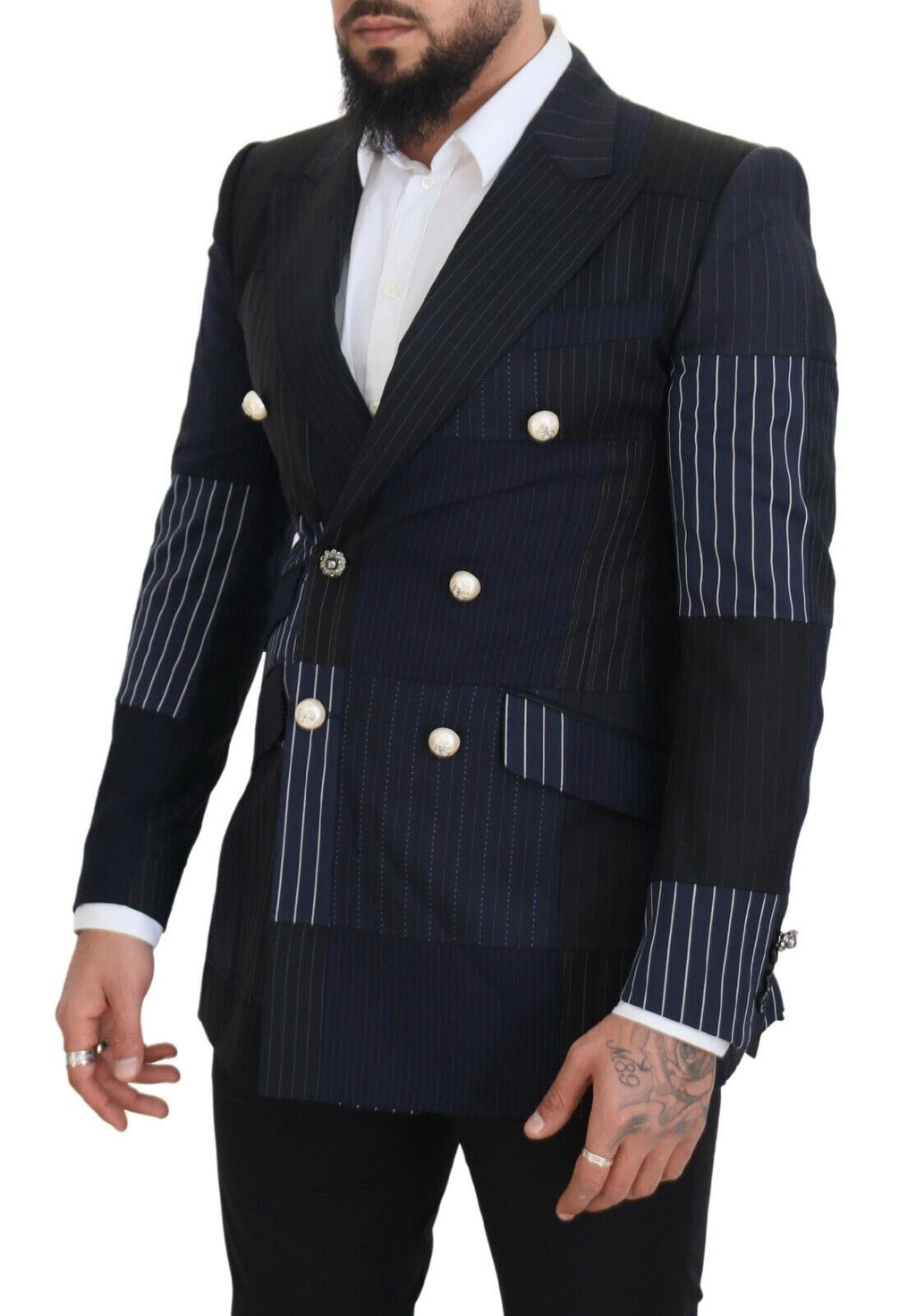 Dolce & Gabbana Blauer Woll-Patchwork-Blazer im Zweireiher
