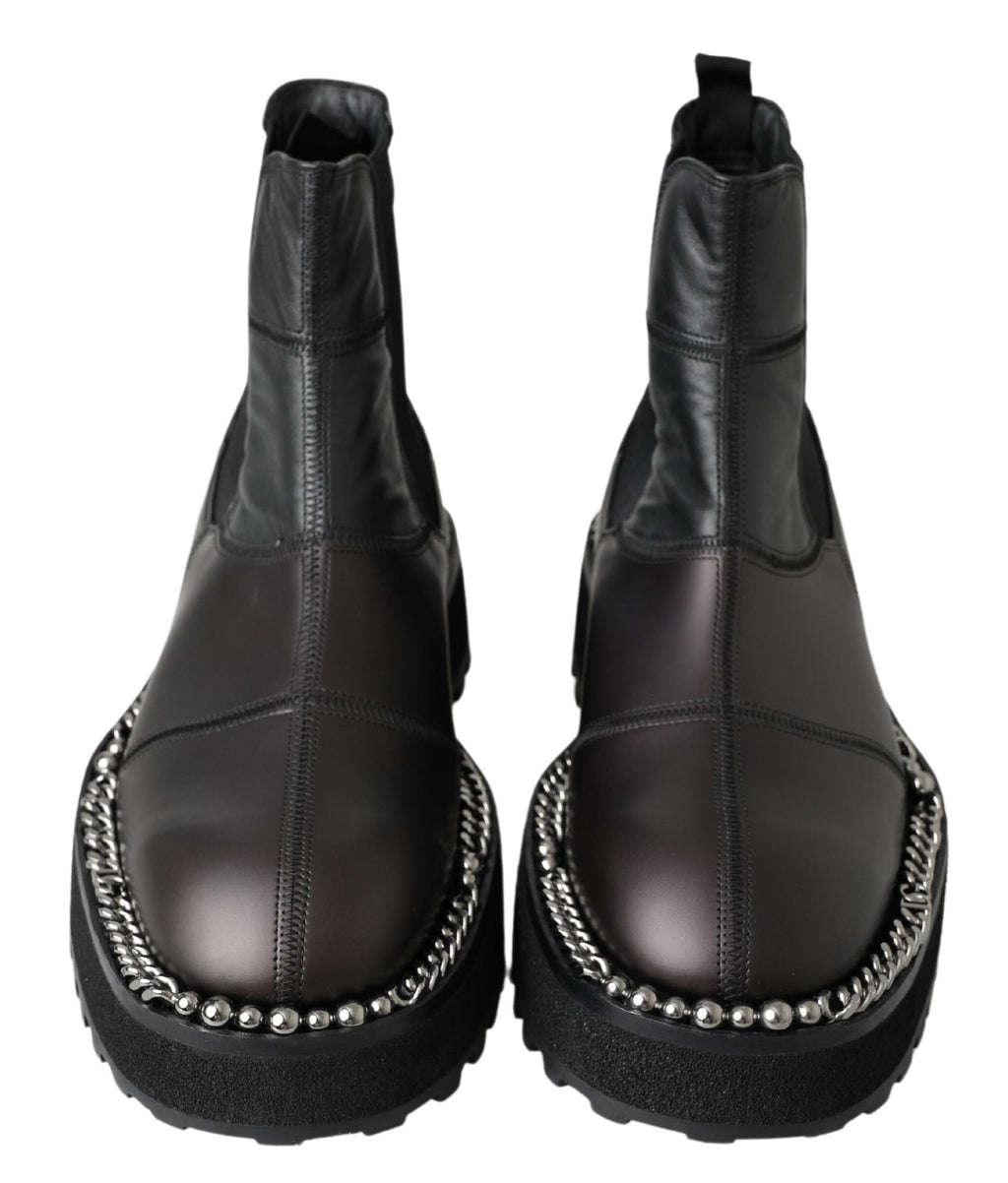 Dolce & Gabbana Schwarze Leder-Slipper mit Stretch-Stiefeln