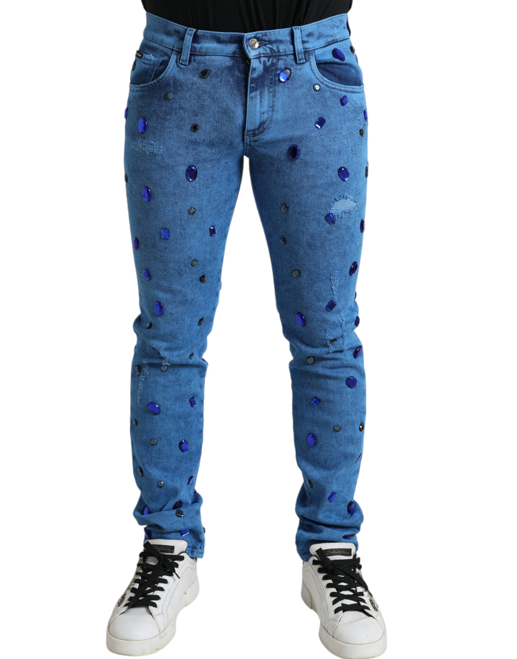 Dolce & Gabbana Blaue, kristallverzierte Skinny Denim Jeans