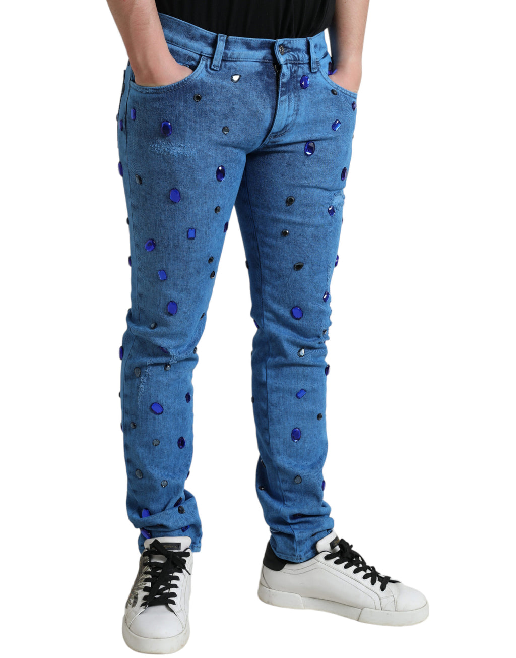 Dolce & Gabbana Blaue, kristallverzierte Skinny Denim Jeans