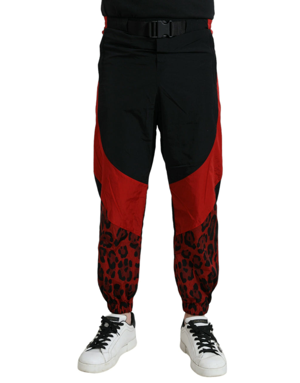 Dolce & Gabbana Schwarz-Rot Leopard Print Nylon Jogger Hose