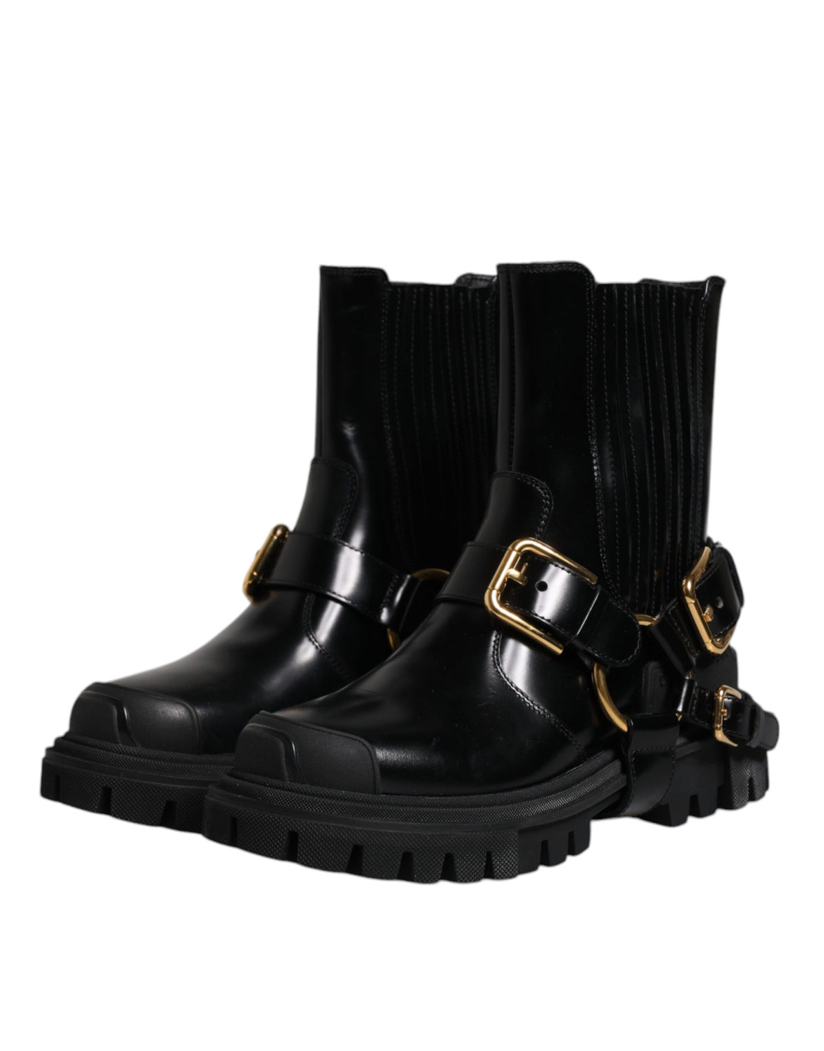 Dolce & Gabbana Schwarz Leder Slip On Stretch Trekking Stiefel Schuhe