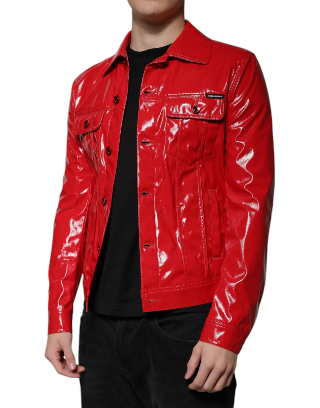 Dolce & Gabbana Rote Polyester-Knopfleiste Jacke mit Kragen