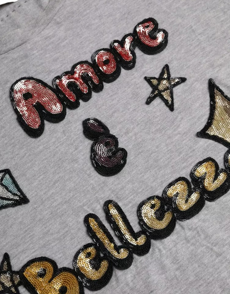 Dolce & Gabbana Graues Baumwoll-T-Shirt L'Amore E'Bellezza Top