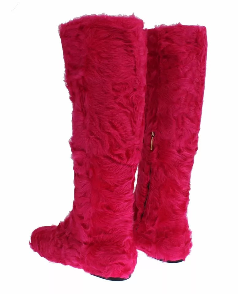Dolce & Gabbana Rosa Lammfell Leder Flache Stiefel Schuhe