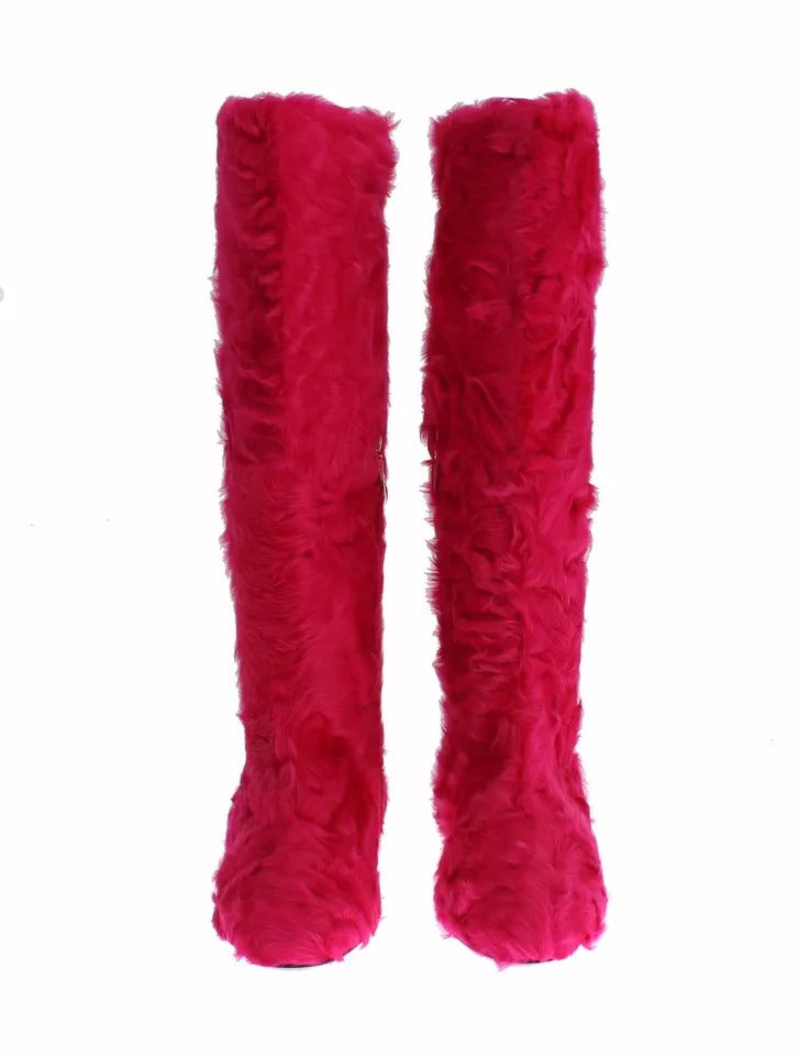 Dolce & Gabbana Rosa Lammfell Leder Flache Stiefel Schuhe