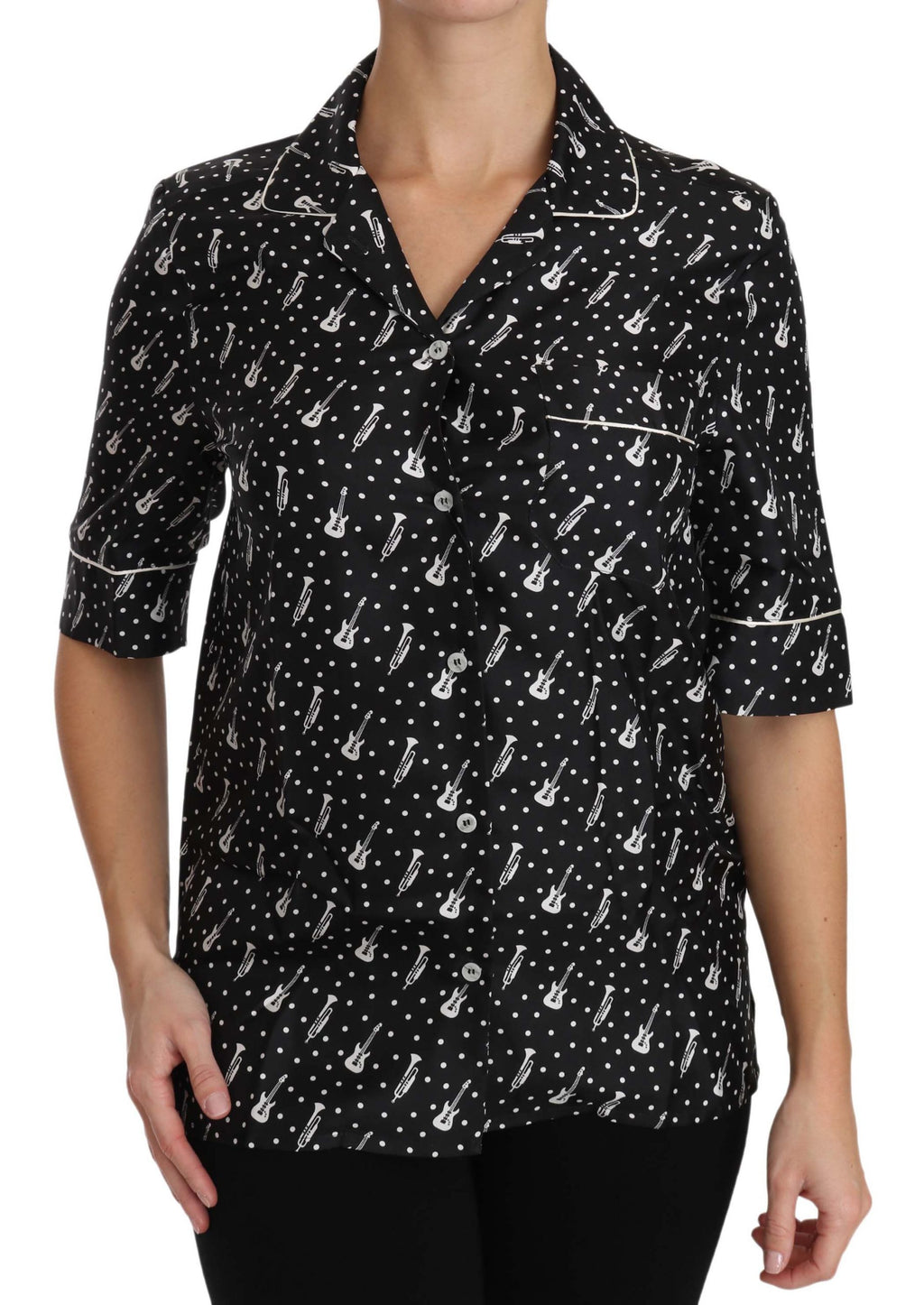 Black GuitarTrumpet Print Silk Shirt Top