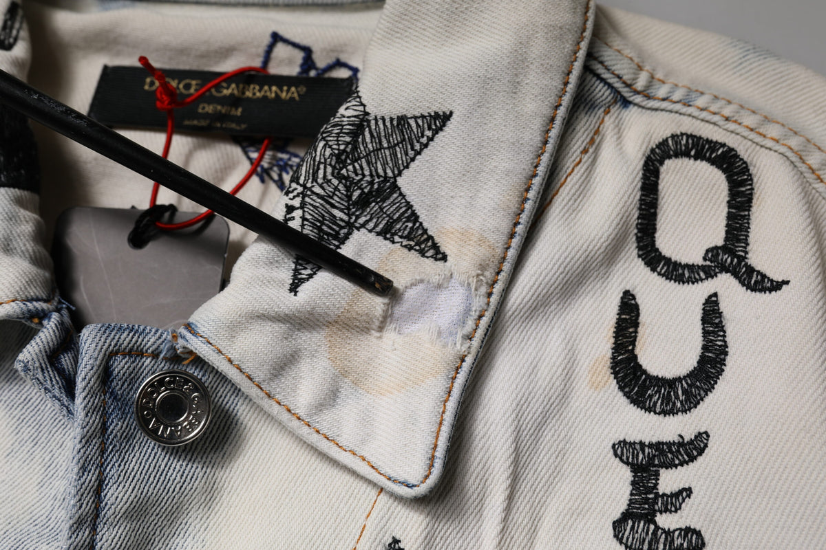 Dolce & Gabbana Hellblaue Graffiti-Denimjacke mit Knopfleiste