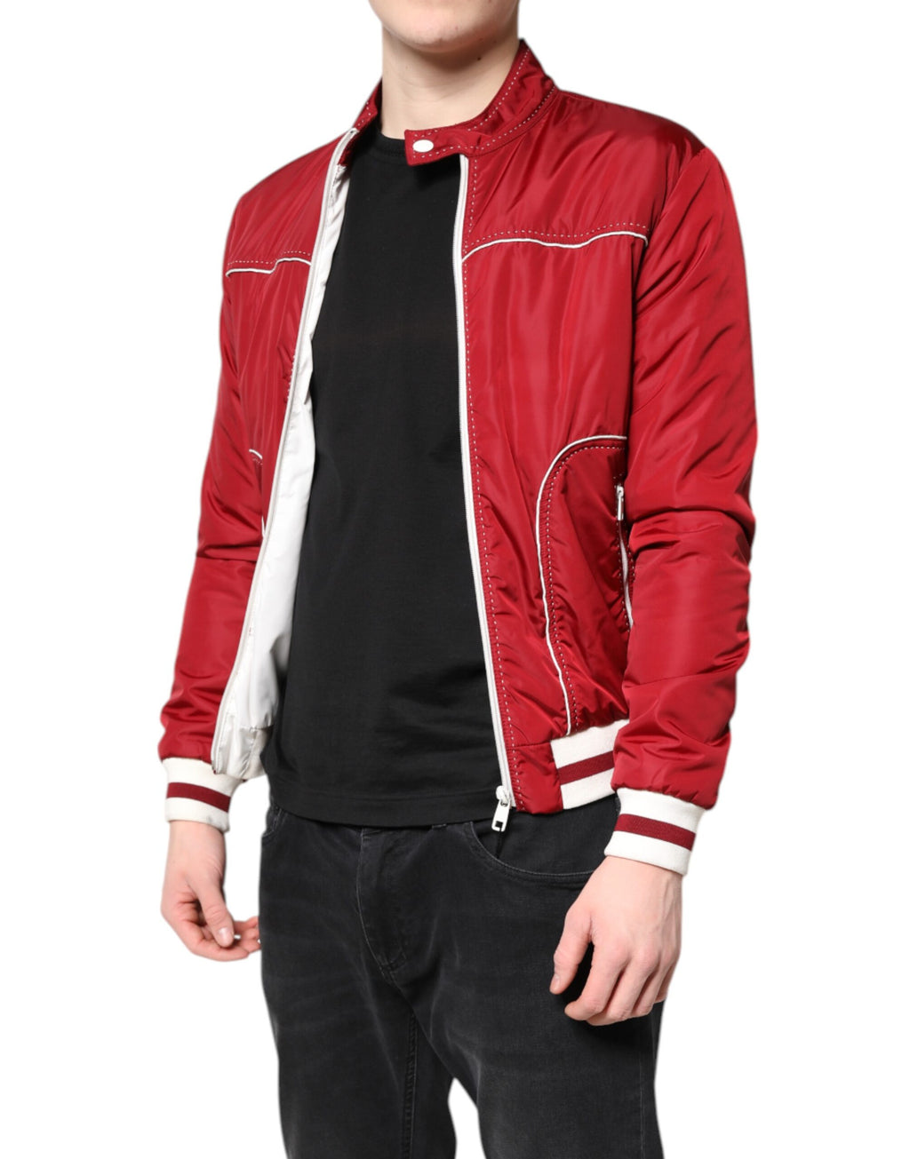 Dolce & Gabbana Rot Weiß Nylon Full Zip Männer Bomber Jacke