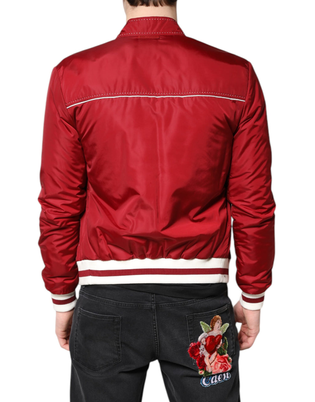 Dolce & Gabbana Rot Weiß Nylon Full Zip Männer Bomber Jacke