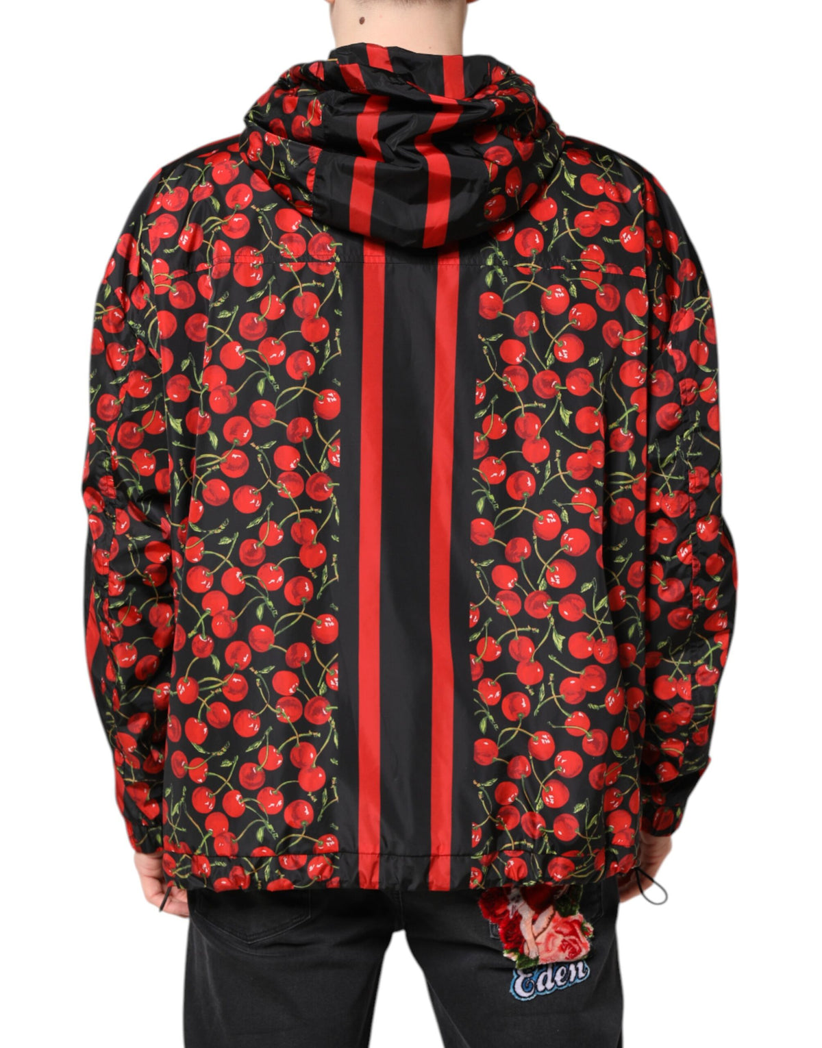 Dolce & Gabbana Schwarze Windbreaker-Jacke mit Kapuze und Kirschenmuster