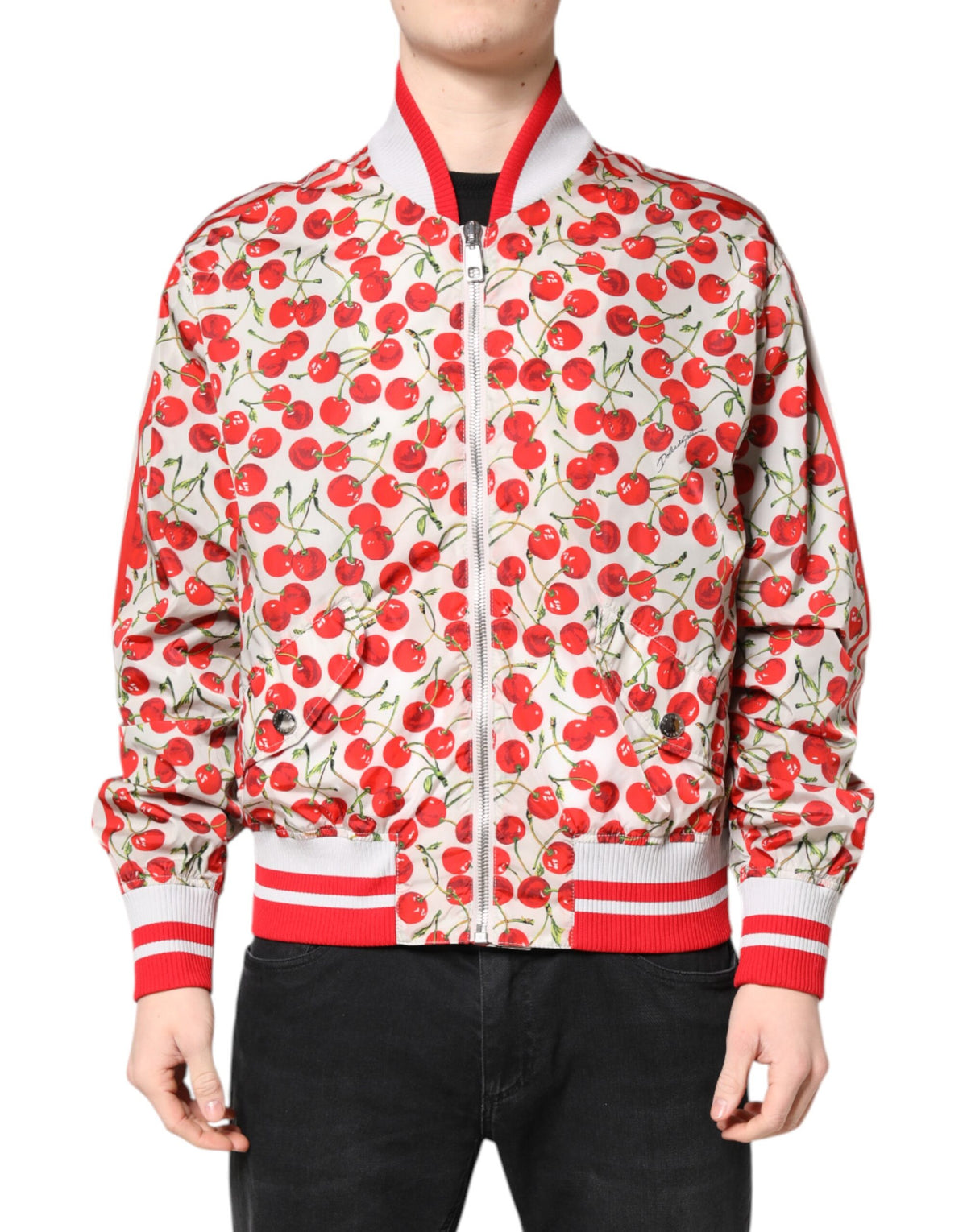 Dolce & Gabbana Weiße Cherry Print Bomberjacke mit durchgehendem Reißverschluss