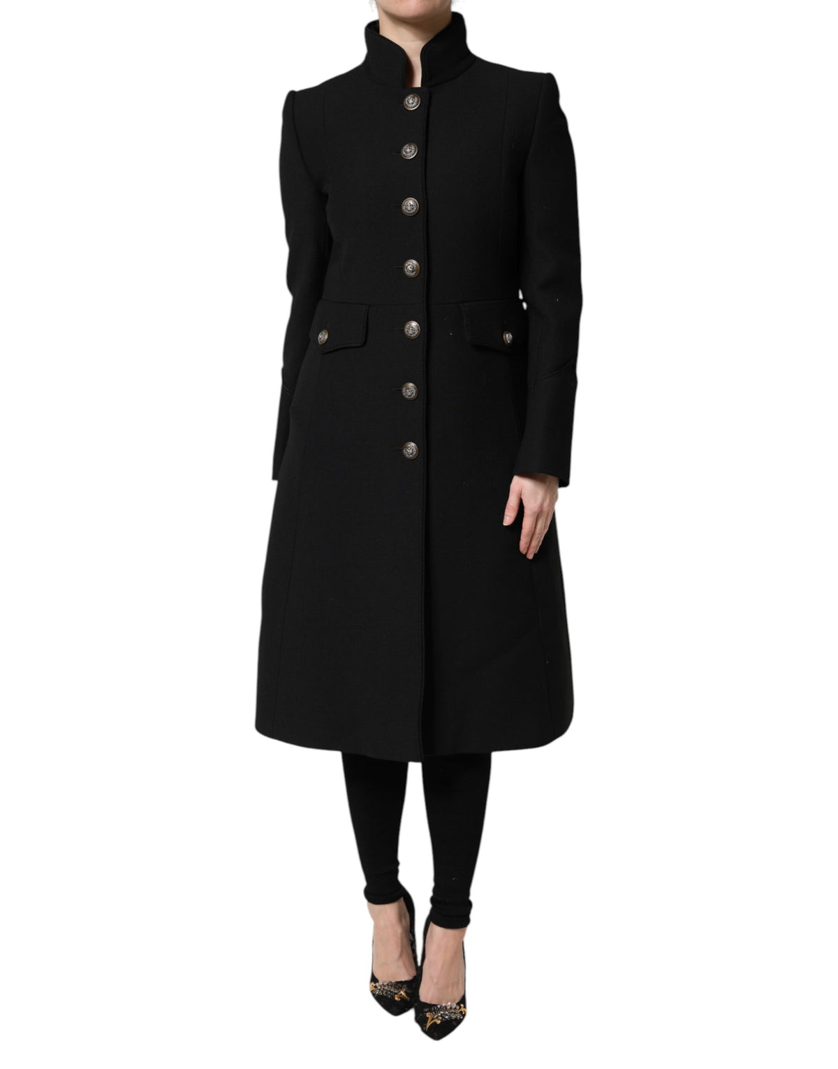 Dolce & Gabbana Schwarzer einreihiger Trenchcoat aus Wolle