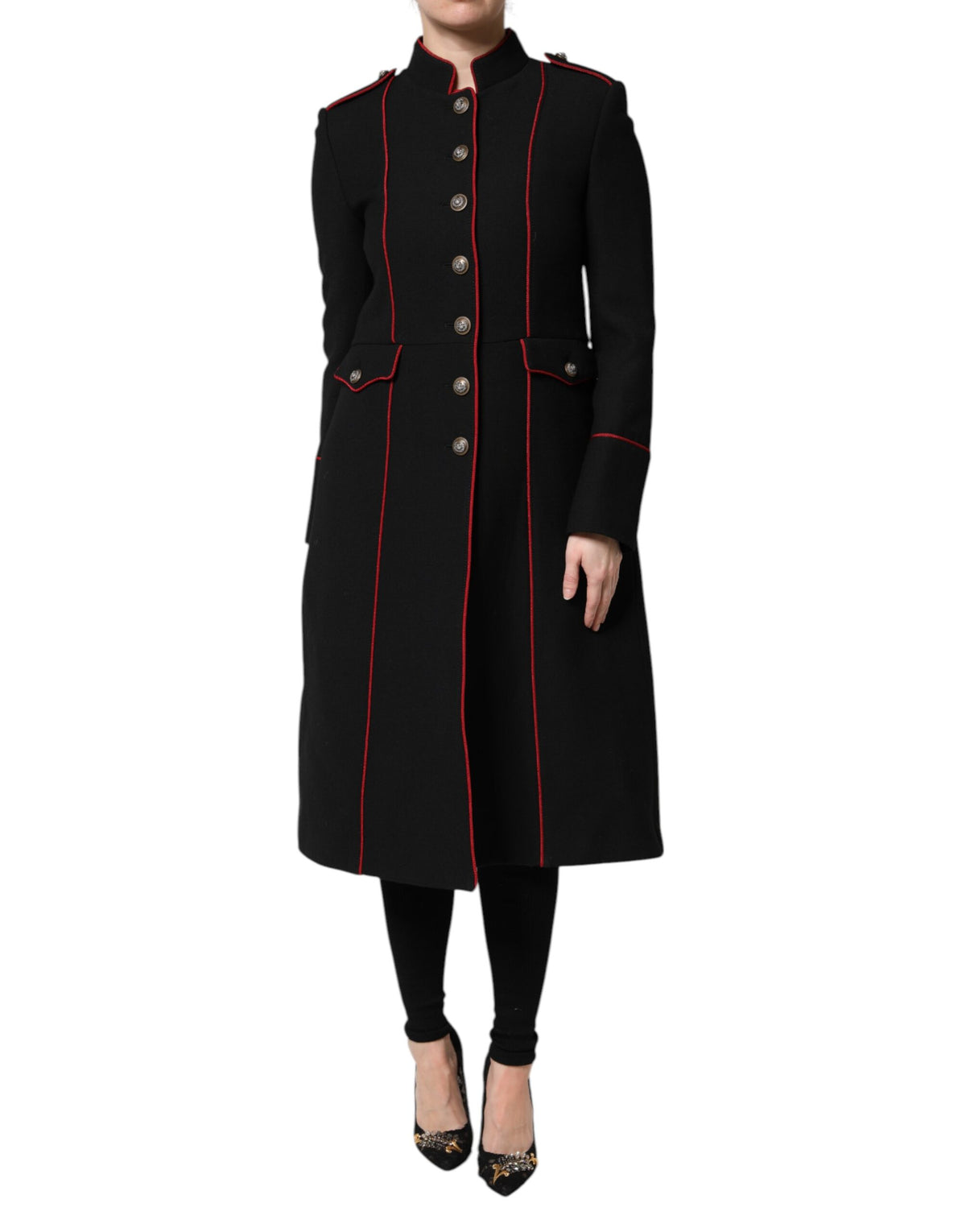 Dolce & Gabbana Schwarzer einreihiger Trenchcoat aus Wolle