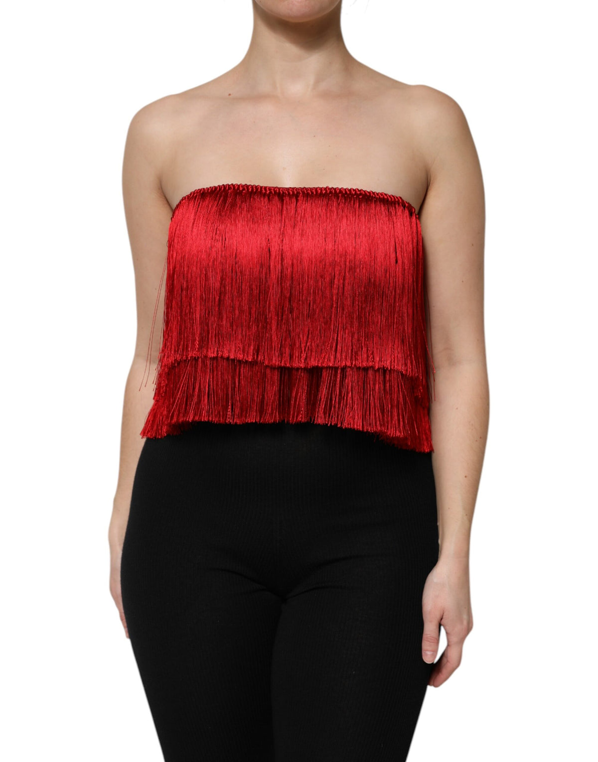 Dolce & Gabbana Rotes trägerloses Fransen-Crop-Top aus Seide