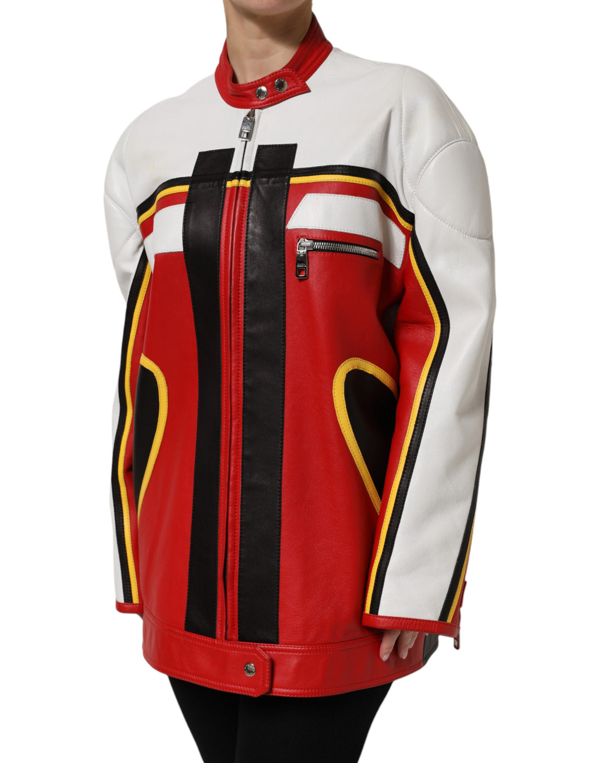 Dolce & Gabbana Multicolor Leder Biker Mantel Jacke mit Reißverschluss