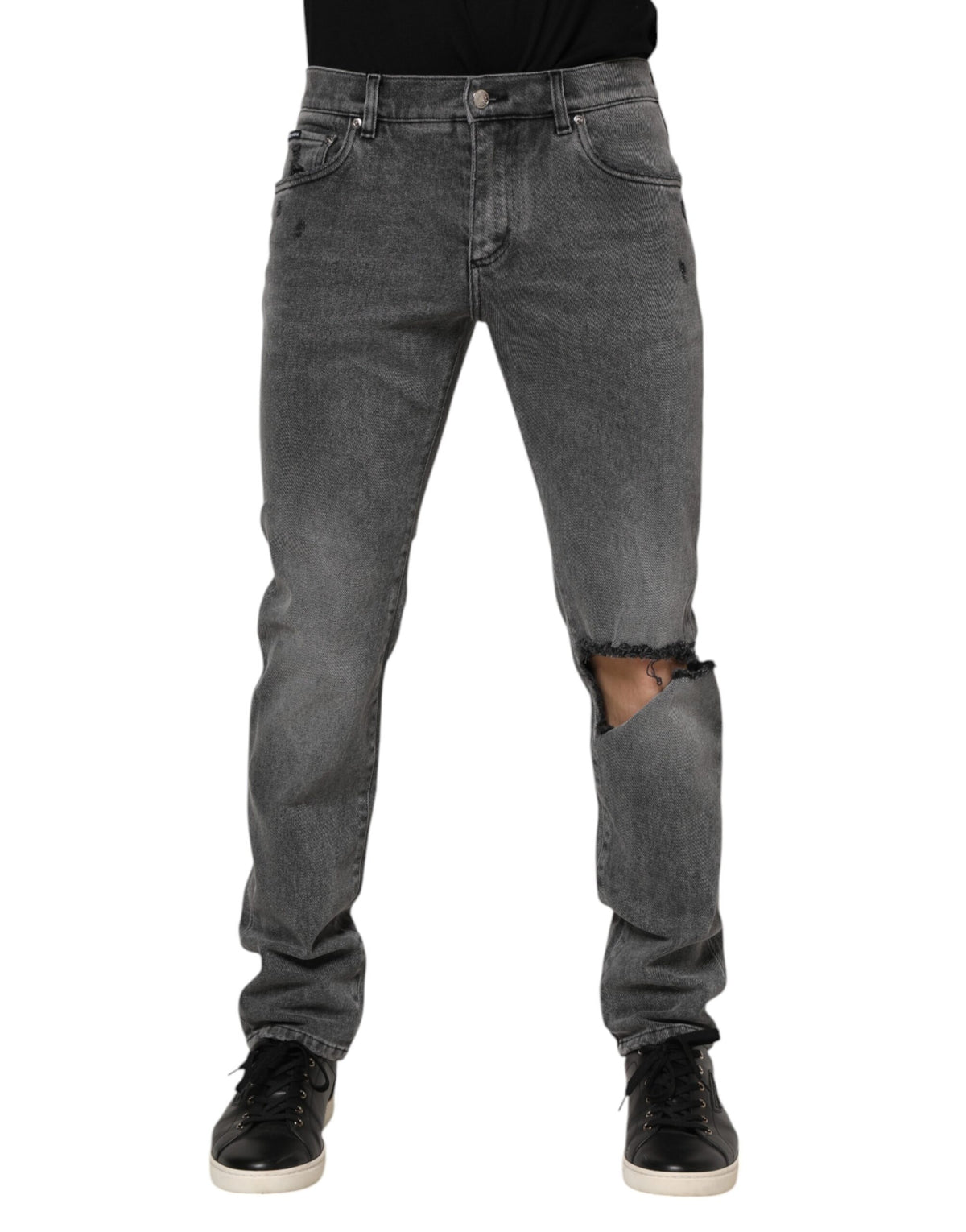 Dolce & Gabbana Graue Denim-Jeans mit Logo-Plakette aus Baumwolle