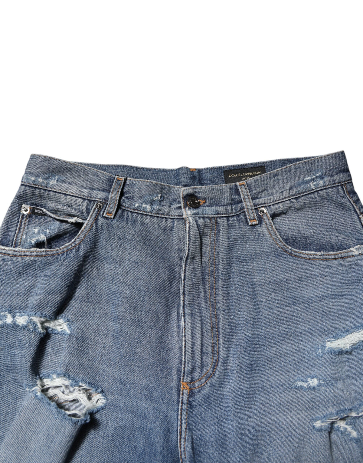 Dolce & Gabbana Blaue zerfledderte Baumwoll-Logo-Plakette Denim-Jeans