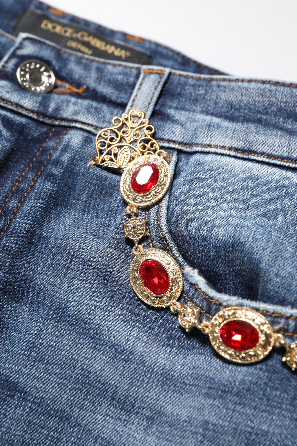 Dolce & Gabbana Blaue Denim-Jeans mit Strasssteinverzierung