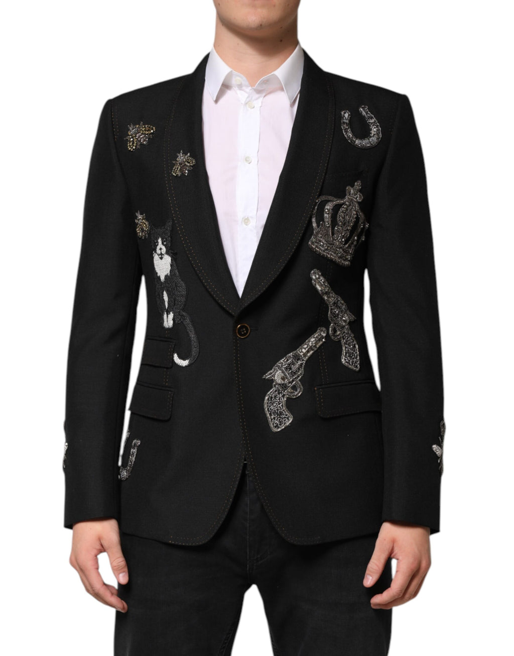 Dolce & Gabbana Schwarzer Anzugmantel mit Bienenkrone und Blazer